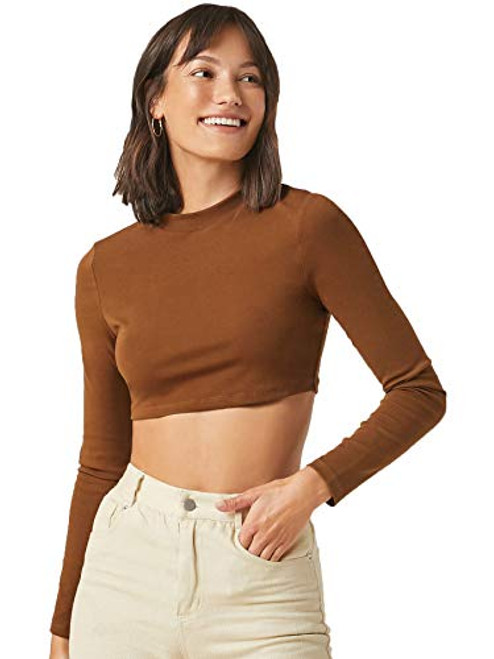 Floerns Women_s Basic Mock Neck Long Sleeve Tee Form Fitted Solid Crop Tops A Brown XS