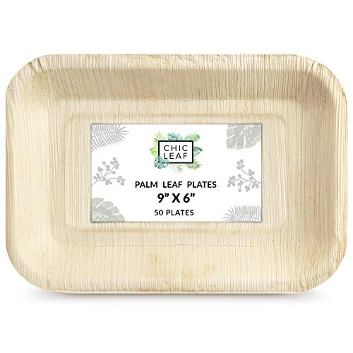 Chic Leaf Palm Leaf Plates Disposable Bamboo Plates Like Rectangle 9x6 Inch Party Pack -50 Pc- Compostable Plates and Biodegradable - Better than Plastic and Paper