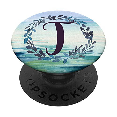 Monogram Letter T Initial Floral Botanical Ocean Watercolor PopSockets Grip and Stand for Phones and Tablets