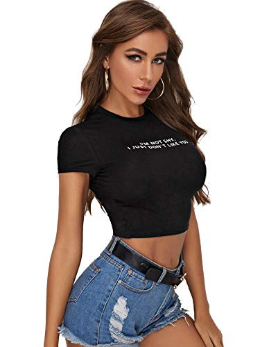 Romwe Women_s Letter Print Crew Neck Tops Cap Sleeve Summer Casual Crop Tee Shirt Black XS
