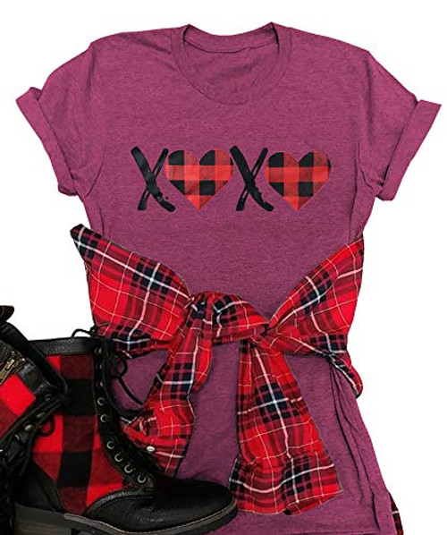 Plaid Heart Graphic T-Shirts Womens Valentine_s Day Short Sleeve Tees Tops for Wife Gift -M  Mulberry-