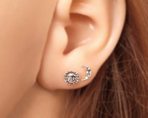 Sterling Silver Smile Sun and Crescent Moon Stud Earrings  Handmade Small Cute Minimalist Studs