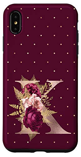 iPhone XS Max Maroon floral Initial Letter K monogram blush flowers Case
