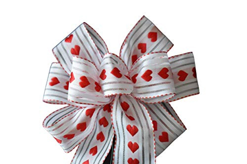 Small 5-6inch  Wired Red Hearts on White Ribbon Wreath Bow