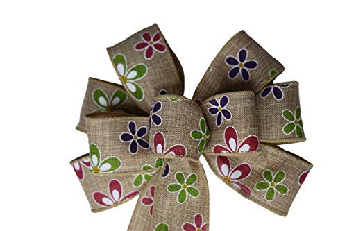 Small 5-6inch  Multicolor Daisy on Natural Ribbon Wired Wreath Bow