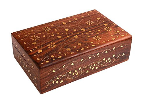 Wooden Jewelry Box Keepsake Trinket Storage Box Rustic Wooden Organizer Box with Hand Carved Inlay 8 X 5 Inch