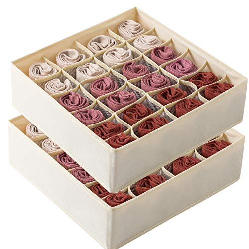 Qozary 2 Pack Socks Underwear Drawer Organizer Divider  24 Cell or 16 Cell Collapsible Cabinet Closet Organizer Storage Boxes for Clothes  Socks  Lingerie  Underwear  Ties -24 Cell  Beige-