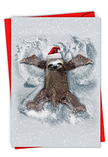 C6214XSG-B12x1 Box Set of 12 'Sloth Angel' Humorous Christmas Greeting Card Featuring The World's Slowest Snow Angle, with Envelopes