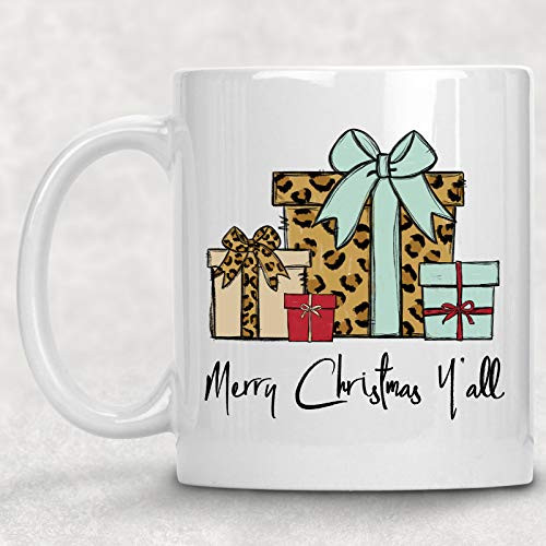 Merry Christmas Y_all Mug  Leopard Presents with Bows Coffee Cup Secret Santa Gift  Stocking Stuffer