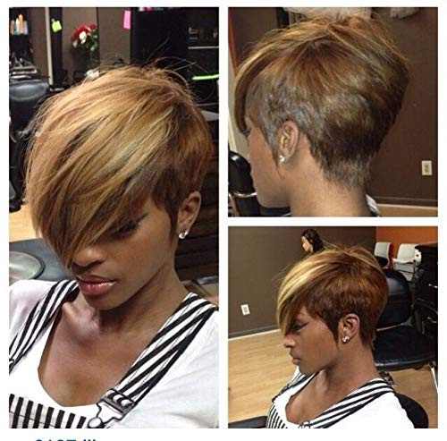 Nicelatus Short Pixie Cut Wigs with Mixed Blonde Brown Bangs Synthetic Mixed Brown Wigs for Black Women Short Pixie Wigs for Women