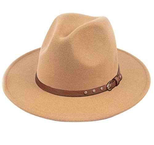 Lanzom Womens Classic Wide Brim Floppy Panama Hat Belt Buckle Wool Fedora Hat -One Size  Z-Camel-