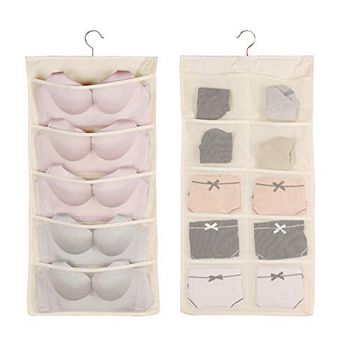 2 Packs Hanging Underwear Organizer Mesh Pocket Closet Storage Bag Dual Sides Bra Panty Sock Storage 15 Pockets with Rotating Metal Hanger-Beige-