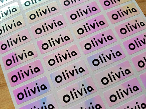 144 Pearlescent Pink Hologram Small Name Stickers -Daycare Labels- Kids labels- Small Size- Customized Labels - Waterproof Labels