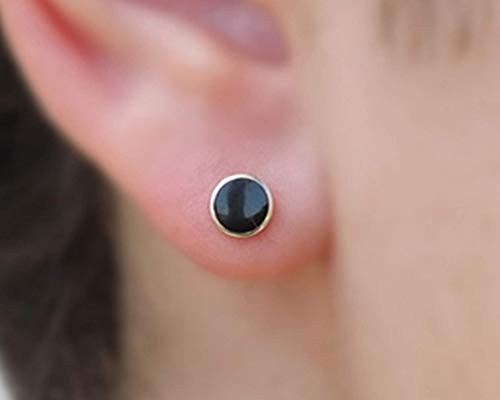 Sterling Silver Black Stud Earrings  6mm Round Studs  Circle Stud Earrings  Silver Black Stone Earrings