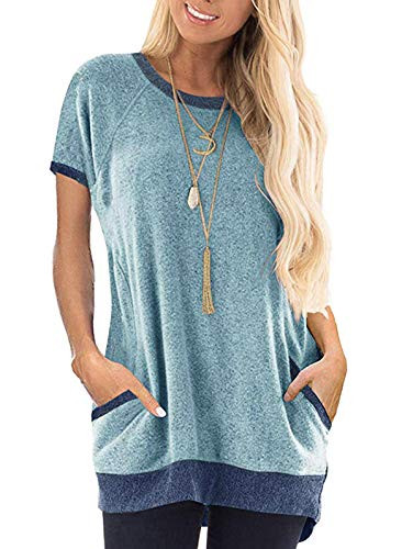 Womens Casual Shirts Crewneck Short Sleeve Color Block Tunic Tops Pullover Sweatshirt Tunic Blouse Top Gray Blue XL