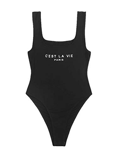 Verdusa Women_s Sleeveless Slogan Graphic Bodycon Leotard Tank Bodysuit Black XS