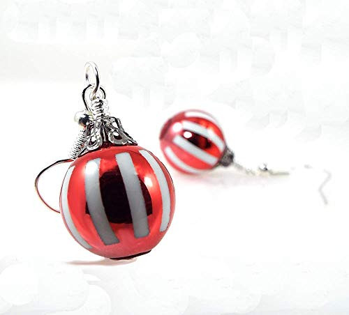 Christmas Tree Ornament Pierced Earrings Acrylic Red and White Striped with Silver Toned Ear Wires Christmas Tree Ornament Pierced Earrings Acrylic Red and White Striped with Silver Toned Ear Wires