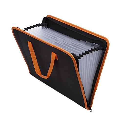 Expandable Portable Hand-Held Accordion File Document Folder File Organizer Canvas Zippers A4 and Letter Size 13 Pockets Black