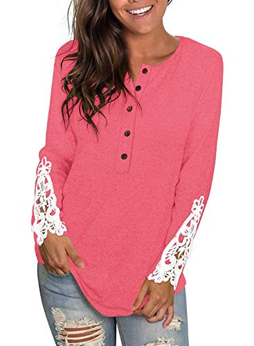 Women_s Tops Long Sleeve Round Neck Shirts Button Lace Henley Tunic Pink XL