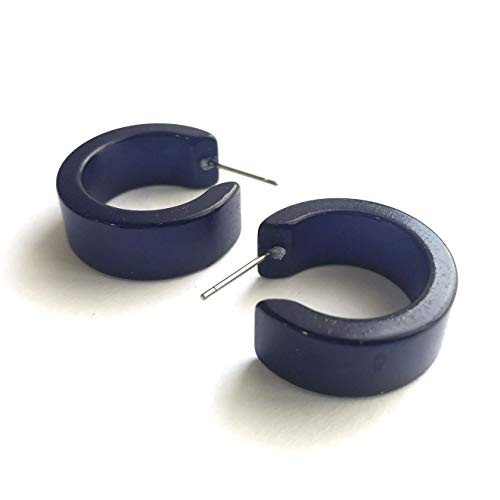 Dark Navy Blue Hoop Earrings - Vintage Lucite Wide Classic Hoops