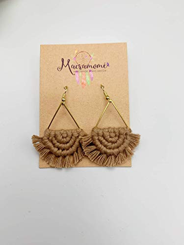 Macrame Fan Earrings Handmade Boho Jewelry Color is Mocha