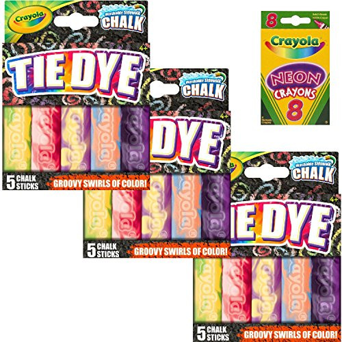 Crayola Special Effects Sidewalk Chalk - Tie Dye (15 Chalk Sticks) Bundle with Box of Neon Crayons