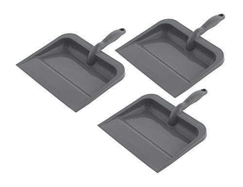 Superio Plastic Dustpan with Comfort Grip Handle Black -3 Pack- Heavy Duty  Durable  Lightweight Multi Surface Dust Pan Easy Broom Sweeping  10 inch Wide -Grey-