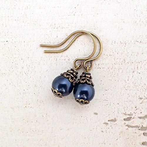 Dark Navy Blue Swarovski Crystal Simulated Pearl Earrings in Antiqued Brass Dark Navy Blue Swarovski Crystal Simulated Pearl Earrings in Antiqued Brass