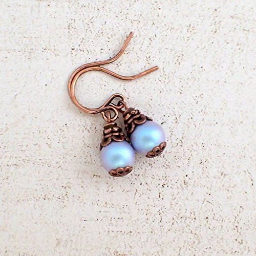 Iridescent Light Blue Swarovski Crystal Simulated Pearl Earrings with Antiqued Copper Ear WIres Iridescent Light Blue Swarovski Crystal Simulated Pearl Earrings with Antiqued Copper Ear WIres