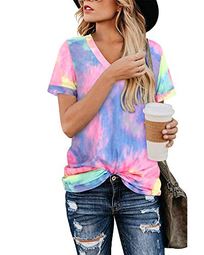 OUGES Women_s Basic V Neck Short Sleeve Print T Shirts Summer Casual Tops Blouse-Multiple Color XL-