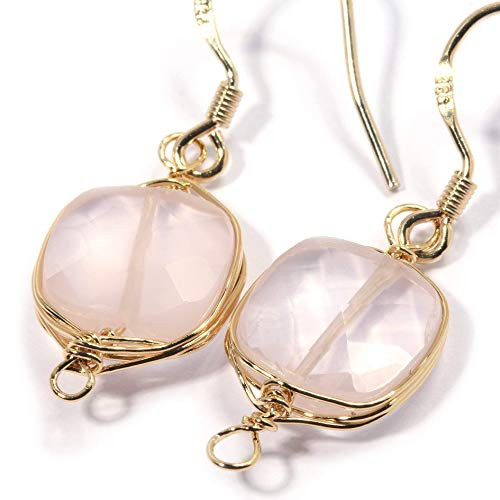 Natural Stone Wire Wrap Dangle Drop Earrings Gold Plated 925 Sterling Silver Hook Rose Quartz Square