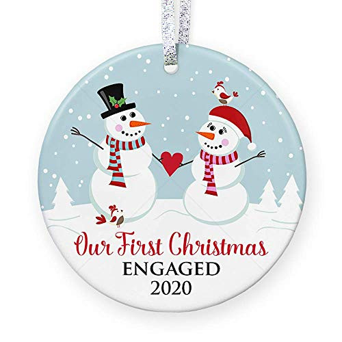 Engagement Keepsake Gift 2020  First Christmas Engaged Ornament  He Proposed She Said Yes 1st Christmas Engaged Snowmen Ornament - 3inch  Flat Ceramic Ornament - Gold  and  Silver Ribbon  Plus Free Gift Box