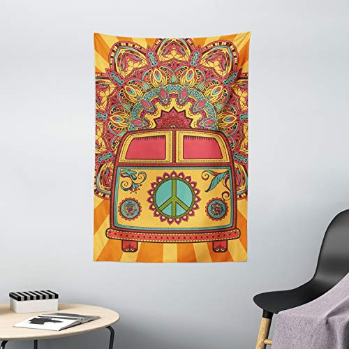 Ambesonne 70s Party Tapestry  Hippie Vintage Mini Van Ornamental Backdrop Peace Sign Artwork  Wall Hanging for Bedroom Living Room Dorm Decor  40inch  X 60inch   Coral Orange