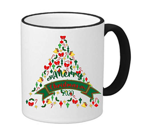 Merry Christmas Tree 2020 11 ounce Black Rim Handle Ringer Ceramic Coffee Mug Tea Cup by M and R