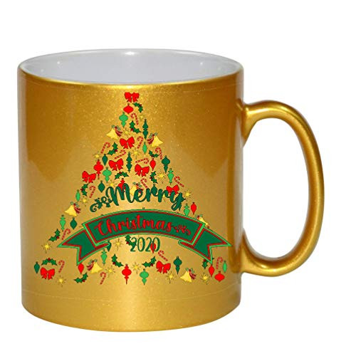 Merry Christmas Tree 2020 11 ounce Gold Ceramic Coffee Mug Tea Cup by M and R