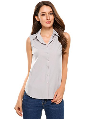 Zeagoo Women_s Sleeveless Button Down Shirt Tops Solid Casual Loose Blouse -XL  Grey-