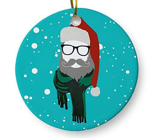 Hipster Santa Funny Christmas Holiday Ornament  3inch  Flat Ceramic Ornament with Gift Box