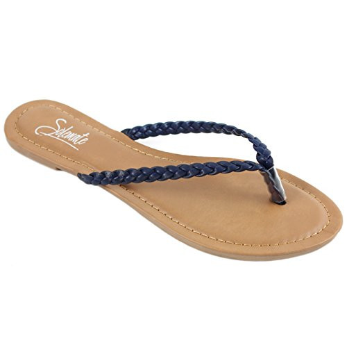 Solemate Women_s Woven Braided Strappy Thong Flip Flop Sandal Flat Beach Sandals -8.5 M US  Navy-