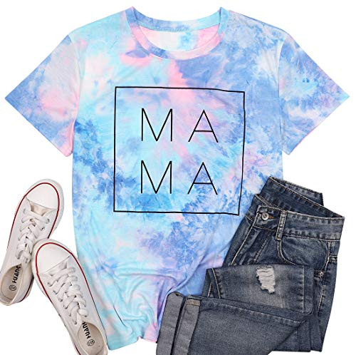 Mama Letter Printed T-Shirt for Women Blessed Mama Shirt Short Sleeve Graphic Tops Tee Casual Blouse -S  Blue-