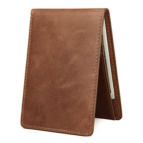 Men_s Slim Leather Wallet Small Billfold Front Pocket Wallet with RFID Blocking ID window - Light Brown