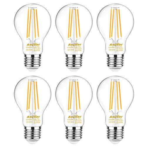Ascher Dimmable E26 LED Filament Light Bulbs  60 Watt Equivalent  Warm White 2700K  Classic Clear Glass  A19 LED Light Bulb  6 Pack