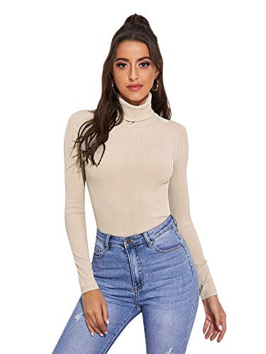 Floerns Women_s Long Sleeve Slim Fit Turtleneck Basic T-Shirts Beige XS