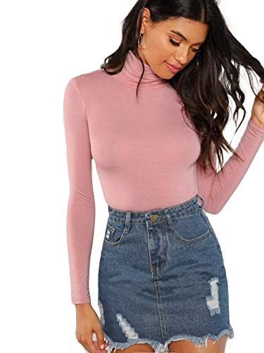 Floerns Women_s Long Sleeve Slim Fit Turtleneck Basic T-Shirts Pink XS