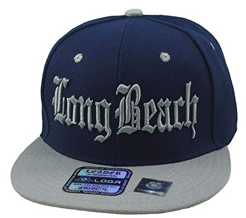 Long Beach Flat Bill Snapback 3D Embroidery Baseball Hat -Navy Gray Bill-