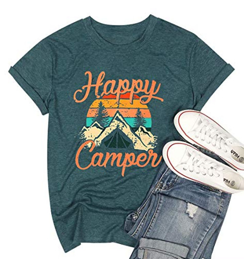 Happy Camper Shirt Women Funny Cute Graphic Tee Short Sleeve Letter Print Casual T Shirts -Green XL- Happy Camper Shirt Women Funny Cute Graphic Tee Short Sleeve Letter Print Casual T Shirts -Green XL-