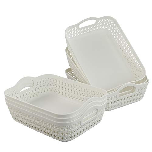 HOMMP White Plastic Woven Storage Basket Tray with Handle  6 Pack -Small-