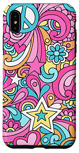 iPhone XS Max Cute Peace Star  and  Hearts Pink Yellow Blue Pattern AEN030 Case