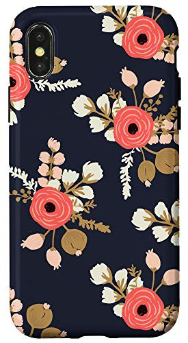 iPhone X XS Garden Flowers Florals Coral  and  Navy Blue Pattern AEN056 Case