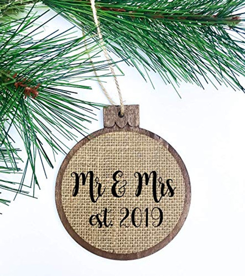 CUSTOM YEAR Mr  and  Mrs Established 2017 2018 2019   Rustic Christmas Ornament Wood Burlap Newlyweds Bride  and  Groom Christmas Wedding Gift Mistletoe Holly Ornament