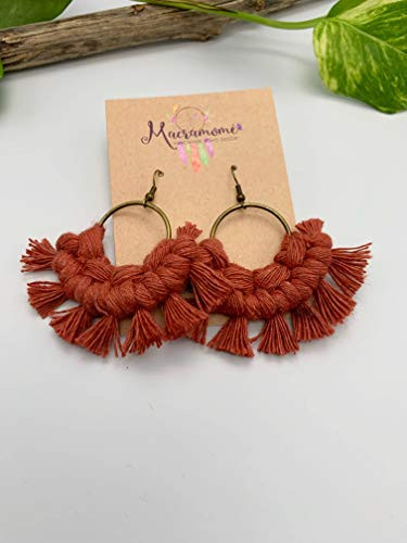 Macrame Fan Earrings Terra Cotta Colored Handmade Boho Jewelry